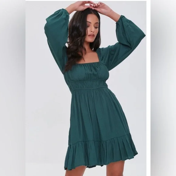 Forever 21 | Dresses | Forever 2 Peasant Mini Dress Green Smocked Top  Square Neckline Size Medium | Poshmark